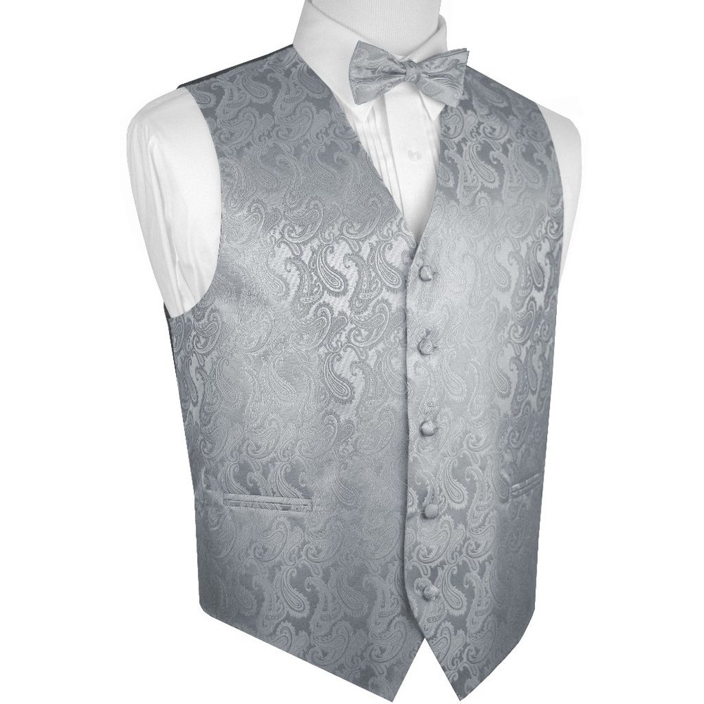 Men's Formal Wedding Prom Homecoming Tuxedo Vest Bow-Tie Hankie - Silver Paisley